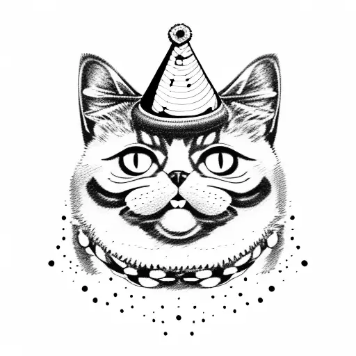  black and chubby cat with a ruff around its neck and a birthday hat tattoo design idea