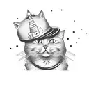  black and chubby cat with a ruff around its neck and a birthday hat tattoo design idea