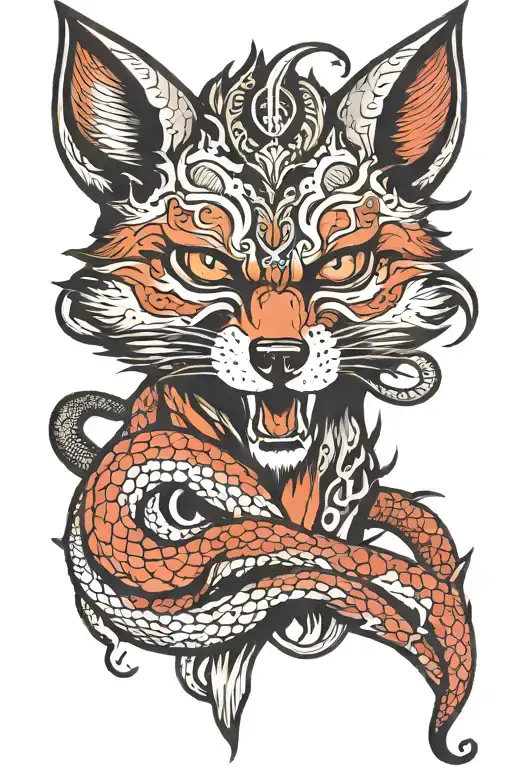 demon fox with a third eye and three snake tongues tattoo design idea