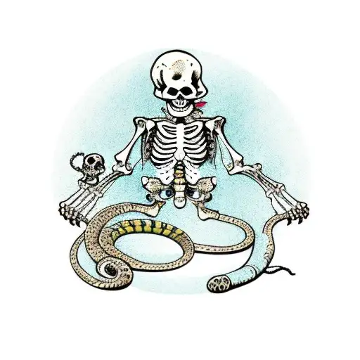 Skeleton cowboy with a rattlesnake coiled next to him and a catus in the background tattoo design idea