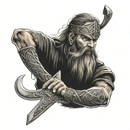 Celtic Knot, viking with beard and glowing eyes holding an axe in his left hand and a sword is his right hand tattoo design idea