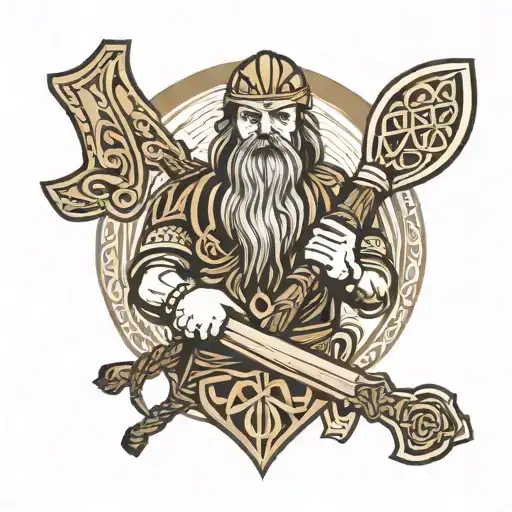 Celtic Knot, viking with beard and glowing eyes holding an axe in his left hand and a sword is his right hand tattoo design idea