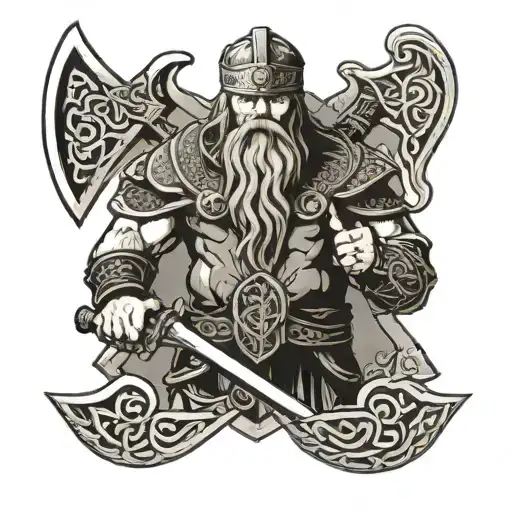 Celtic Knot, viking with beard and glowing eyes holding an axe in his left hand and a sword is his right hand tattoo design idea