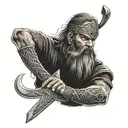 Celtic Knot, viking with beard and glowing eyes holding an axe in his left hand and a sword is his right hand tattoo design idea