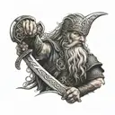 Celtic Knot, viking with beard and glowing eyes holding an axe in his left hand and a sword is his right hand tattoo design idea