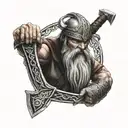 Celtic Knot, viking with beard and glowing eyes holding an axe in his left hand and a sword is his right hand tattoo design idea