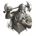 Celtic Knot, viking with beard and glowing eyes holding an axe in his left hand and a sword is his right hand tattoo design idea