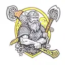 Celtic Knot, viking with beard and glowing eyes holding an axe in his left hand and a sword is his right hand tattoo design idea