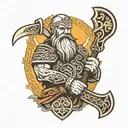 Celtic Knot, viking with beard and glowing eyes holding an axe in his left hand and a sword is his right hand tattoo design idea