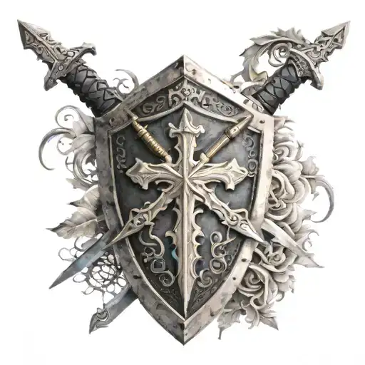 shield, sword and cross tattoo tattoo design idea