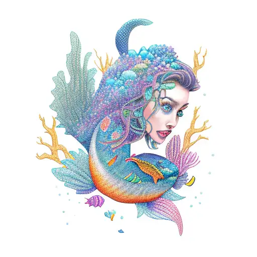 upper shoulder, half sleeve, mermaid, kids names, G, R, Q, surprise me color tattoo design idea