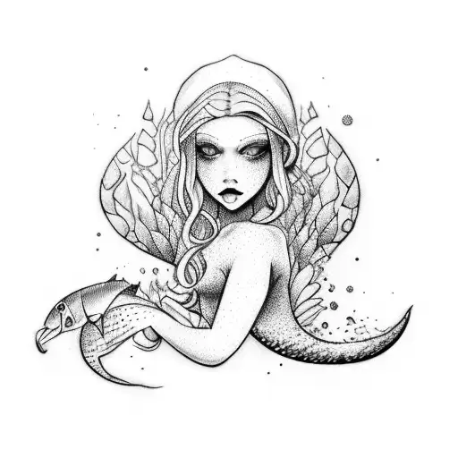 upper shoulder, half sleeve, mermaid, kids names, G, R, Q, surprise me color tattoo design idea