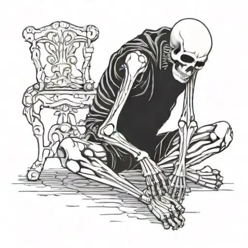 A sitting skeleton of a man that looks sad. The skeleton has its knees bent and is holding them with its arms. A single  tattoo design idea