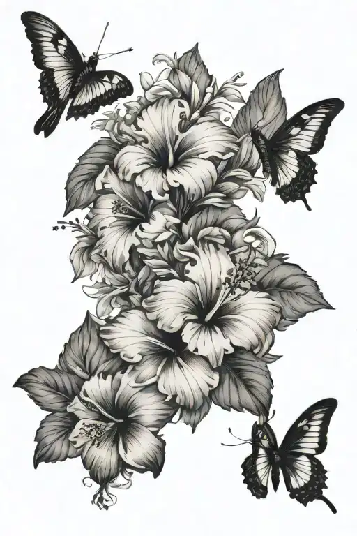 spine (hibiscus flowers, 1 butterfly, 1 humming bird) tattoo design idea