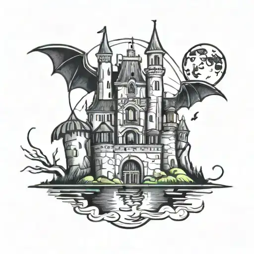 Castle, girl, bat, moon, pond tattoo design idea