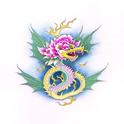 dragon with peony flowers and maple leaves tattoo design idea