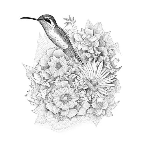 humming birds, butterflies, vines with flowers, mountains, waves, nature tattoo design idea