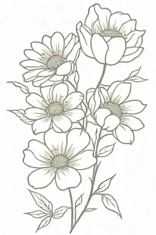 two daisys, a rose and a cosmo flower in a bouquet fine line  tattoo design idea