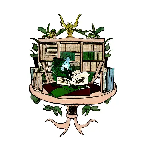 A tattoo of a dragon reading a book surrounded by plants tattoo design idea