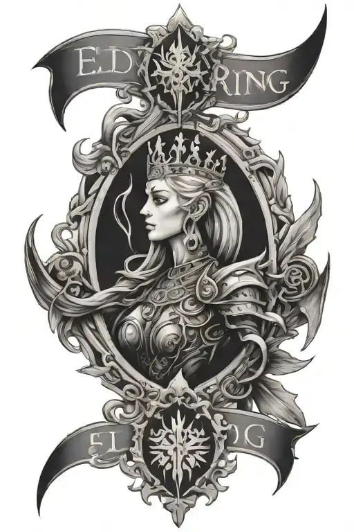 elden ring logo combined with queen marika  tattoo design idea