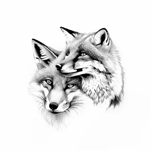fox and wolf faces looking both ways with ivy and flowers tattoo design idea