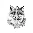 fox and wolf faces looking both ways with ivy and flowers tattoo design idea