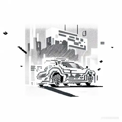 A pixelated video game character driving a Honda Civic through a futuristic cityscape tattoo design idea
