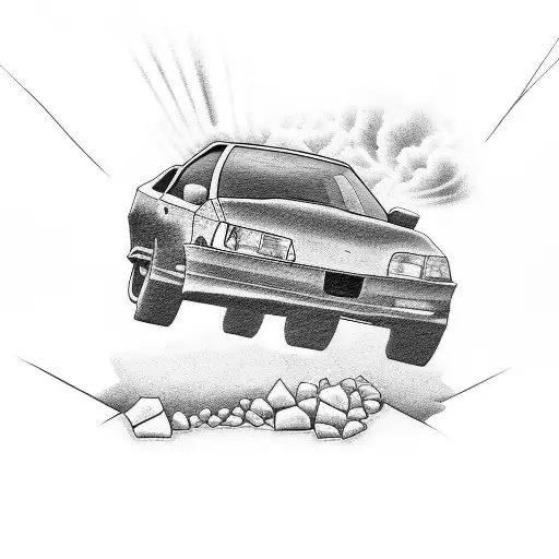 A surreal tattoo depicting a Honda Civic driving through a brick wall with rock elements tattoo design idea