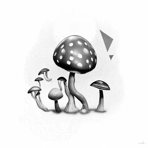 A black-grey tattoo showcasing a surreal fusion of Britney Spears and a giant mushroom, surrounded by an enchanting array of indoor plants. tattoo design idea
