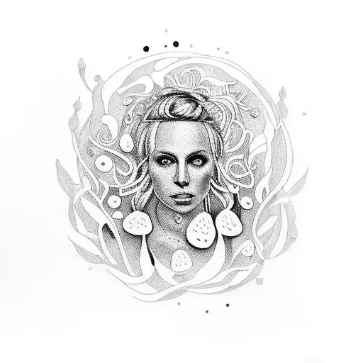 A dotwork tattoo depicting a mesmerizing musical scene with Britney Spears playing a guitar made of mushrooms, surrounded by lush indoor plants. tattoo design idea