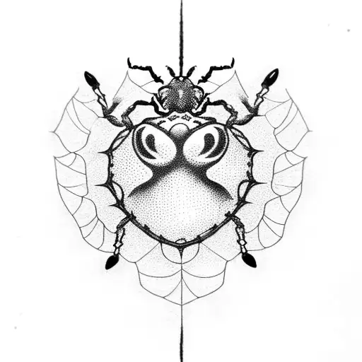 A dotwork tattoo of a heart with Widowmaker's spider emblem at the center, symbolizing strength and survival tattoo design idea