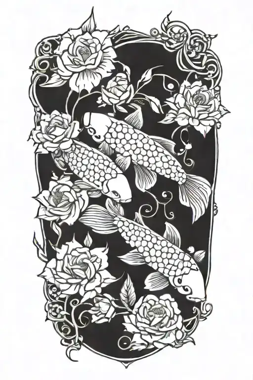 roses, cherry blossom flowers and koi fish tattoo design idea