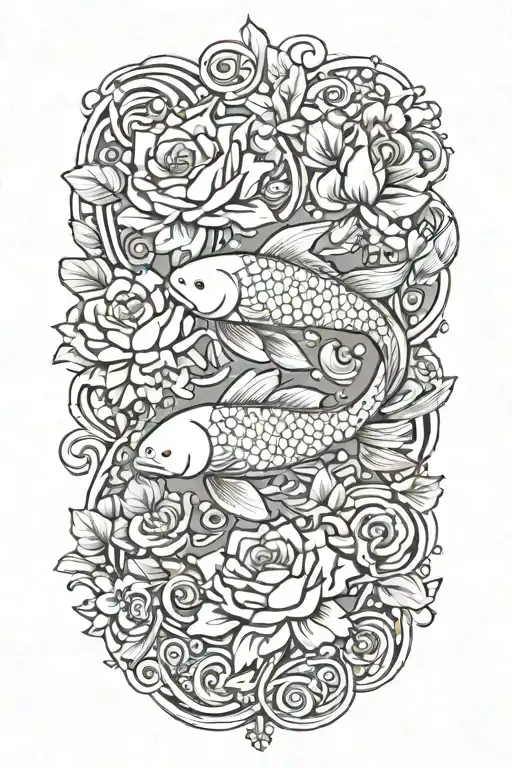 roses, cherry blossom flowers and koi fish tattoo design idea