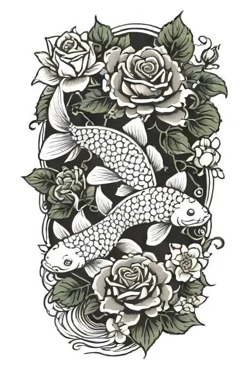 roses, cherry blossom flowers and koi fish tattoo design idea