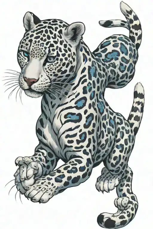 full body walking white jaguar seen from above with blue eyes instead of black spots on the fur tattoo design idea
