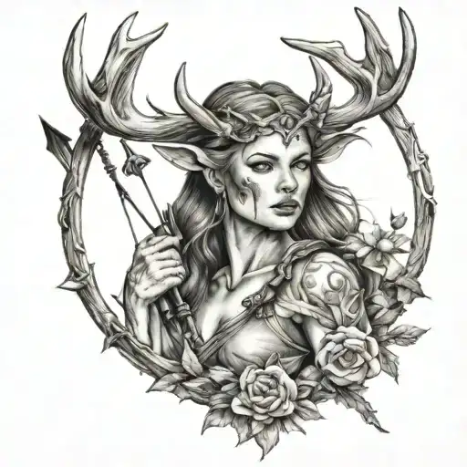 A traditional tattoo of a girl with antlers holding a bow and arrow tattoo design idea