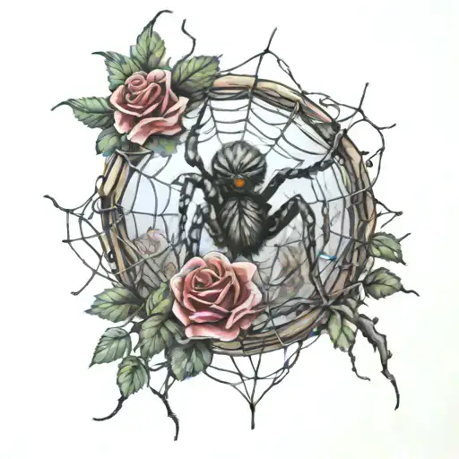 Rip Chequita Jonas aka Herbalist , inside of a spider web during a bright sunny day with roses tattoo design idea