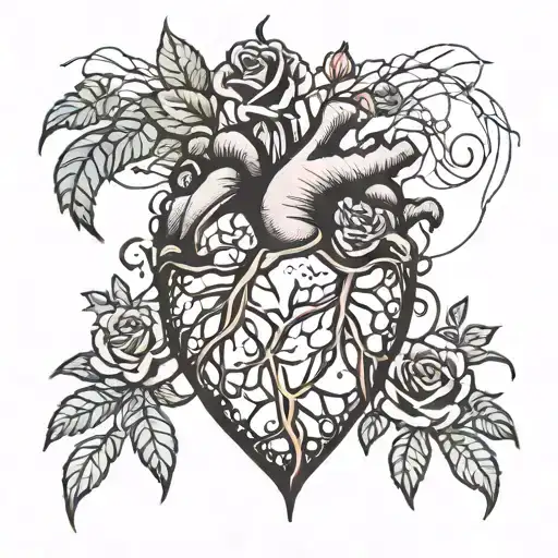 A heart-shaped herb garden with Chequita Jonas' silhouette in the center, surrounded by spider webs and roses tattoo design idea