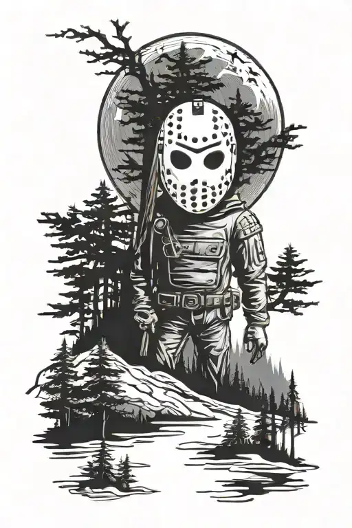 jason voorhees standing in background of forest with moon tattoo design idea