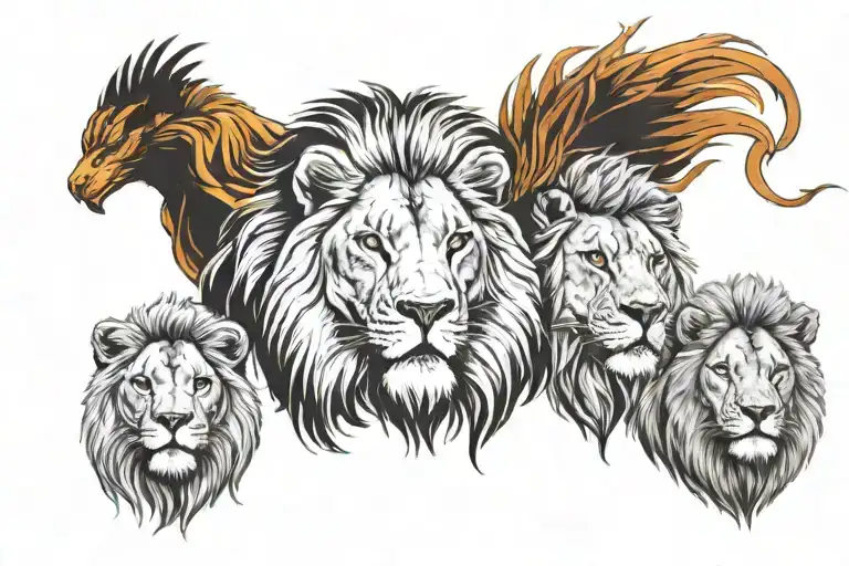 2 adult lions and 1 cub lion and phoenix tattoo design idea