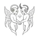 A minimalist design of a devil and angel holding hands, with headphones wrapped around their arms, representing the client's inner conflict between good and evil tattoo design idea