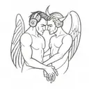 A minimalist design of a devil and angel holding hands, with headphones wrapped around their arms, representing the client's inner conflict between good and evil tattoo design idea