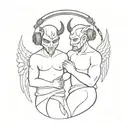 A minimalist design of a devil and angel holding hands, with headphones wrapped around their arms, representing the client's inner conflict between good and evil tattoo design idea