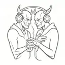 A minimalist design of a devil and angel holding hands, with headphones wrapped around their arms, representing the client's inner conflict between good and evil tattoo design idea
