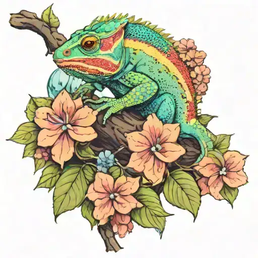chameleon sitting on branch of hydrangea on waterfall tattoo design idea