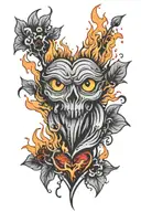 heart with four crying eyes over fire flames tattoo design idea