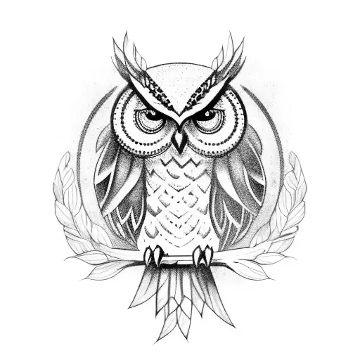 A mystical owl perched on a branch with African symbols hidden in the feathers tattoo design idea