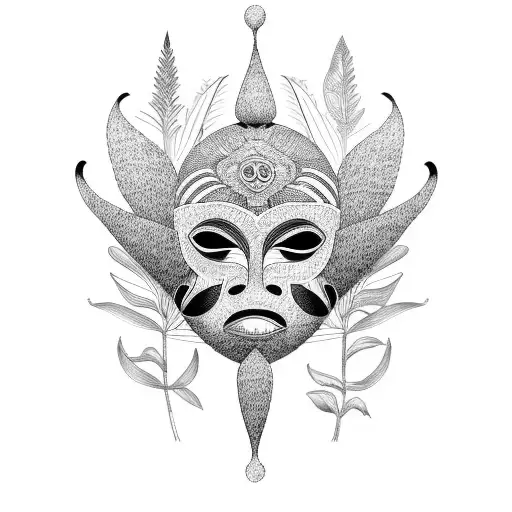African mask surrounded by a botanical garden tattoo design idea