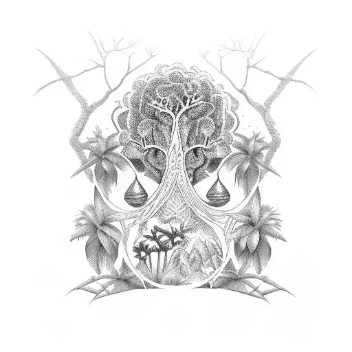 African spiritual symbols forming a lush jungle scene tattoo design idea
