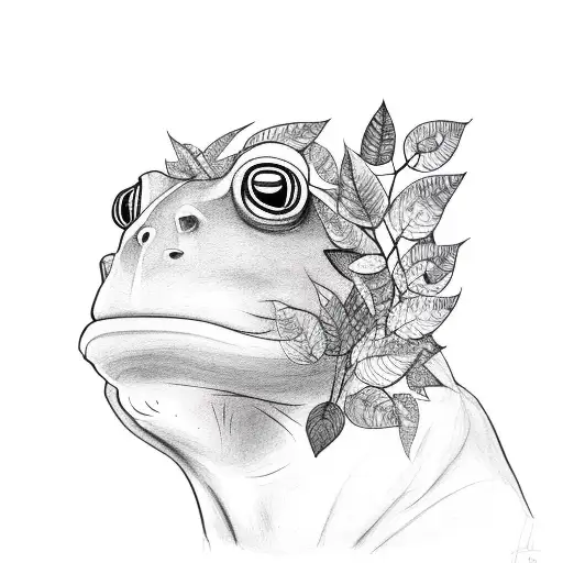 panther head surrounded by leaves with a frog on head tropical plants tattoo design idea